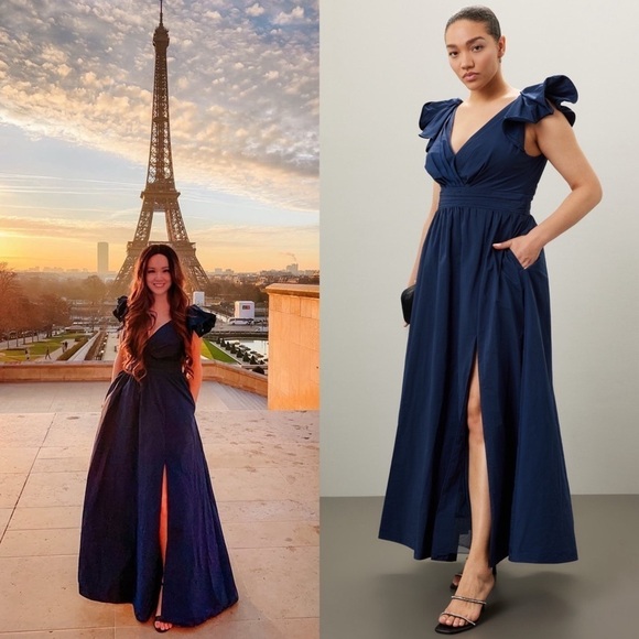 MARCHESA Navy Taffeta Ruffled Shoulder V-Neck Ruched Waist Low Back Ball Gown 4 - Picture 4 of 13